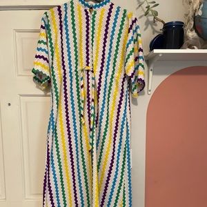 1970s Ric Rac Trim Rainbow Design House Coat Caftan S/M/L